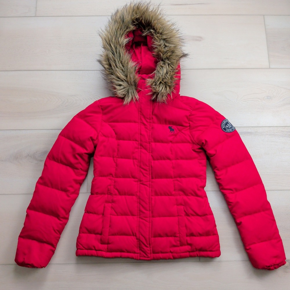 Abercrombie Kids Girls Red Down Puffer Jacket Faux Fur Hood Blend XL